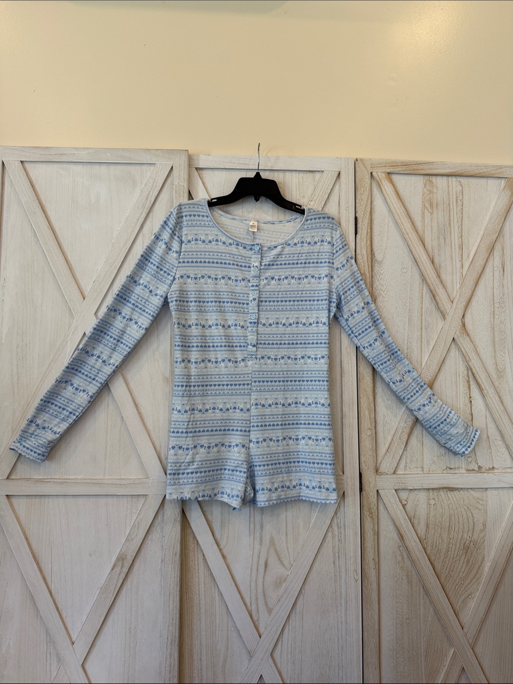 Comfy Light Blue Patterned Women's Long-Sleeve One Piece Loungewear